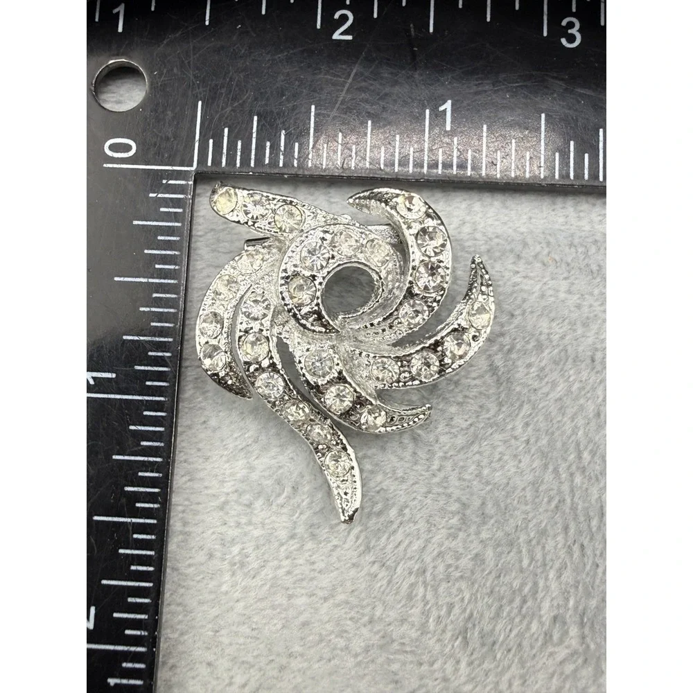 Vintage Rhinestone Brooch Pin Lot 3 Maple Leaf Swirl Dome Silver Tone
